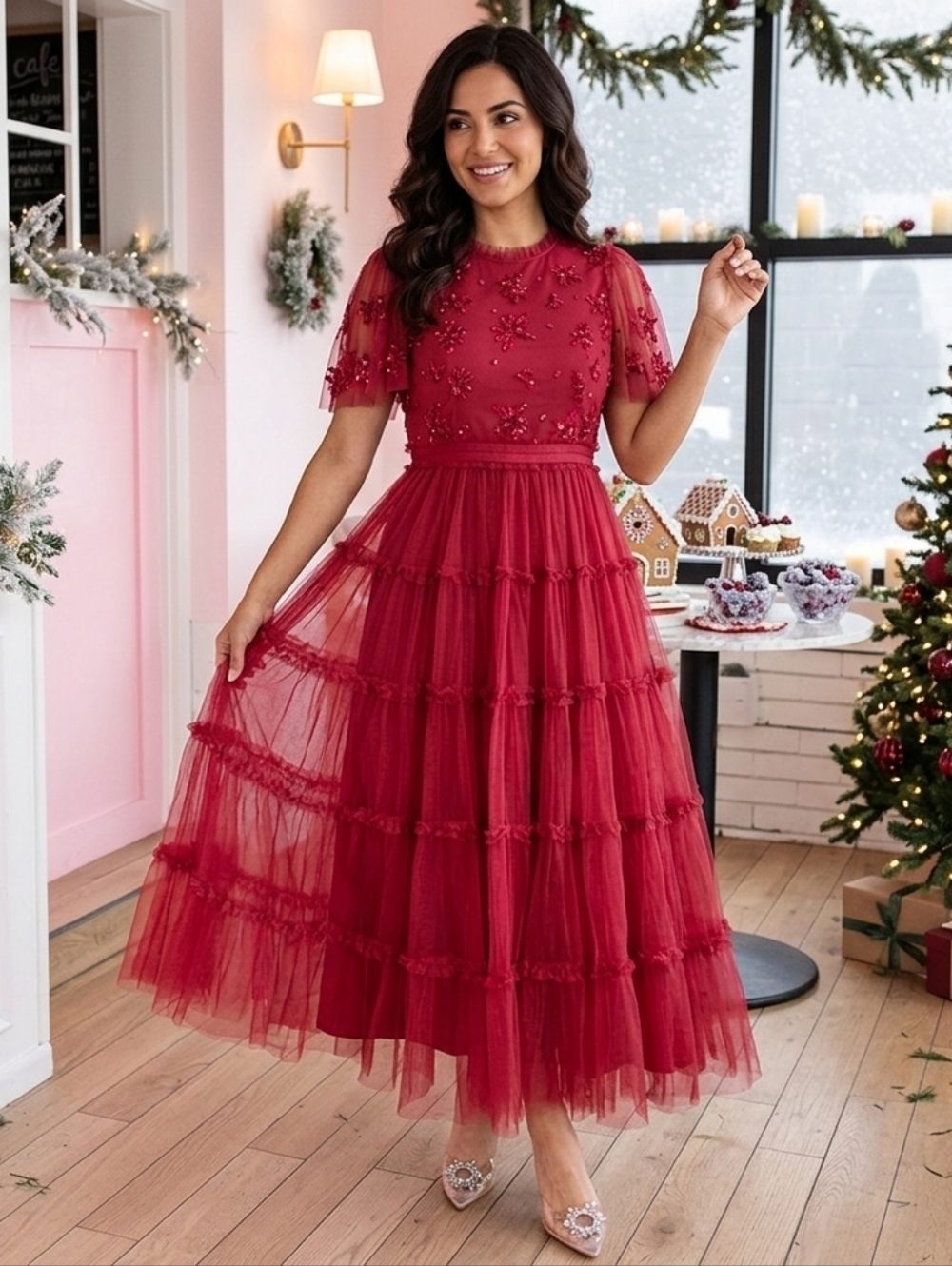 NWT Ivy City Co. Anastasia in Dark Red Embellished Tulle Ruffled Midi Dress XS